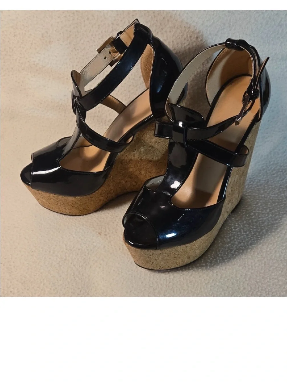 Black Patent Wedge Sandals with Cork Platform